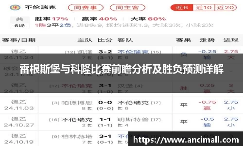 雷根斯堡与科隆比赛前瞻分析及胜负预测详解
